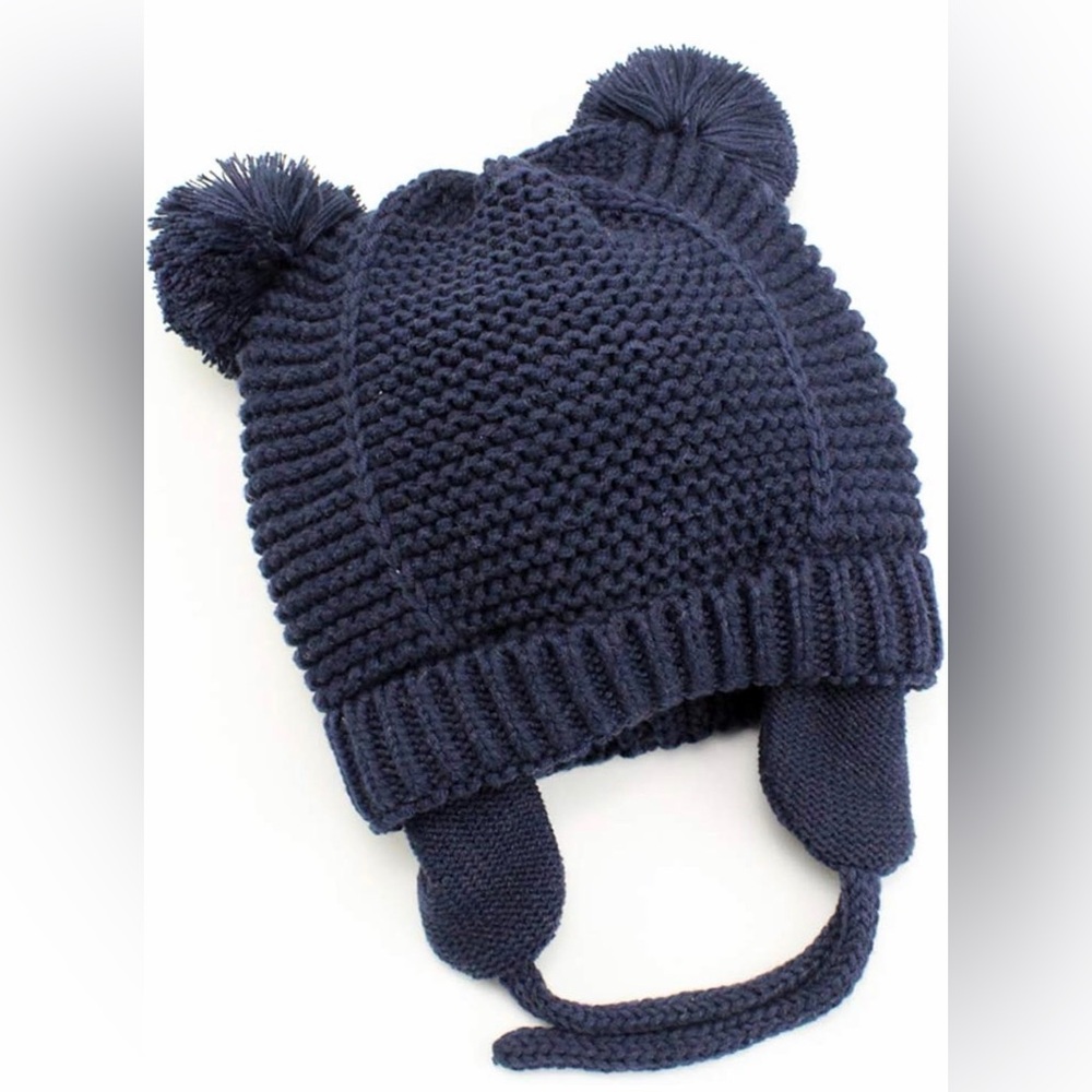 Baby Hat Beanie Earflap Pompom Eats Crochet Winter Navy Blue Fleece Line Baby M